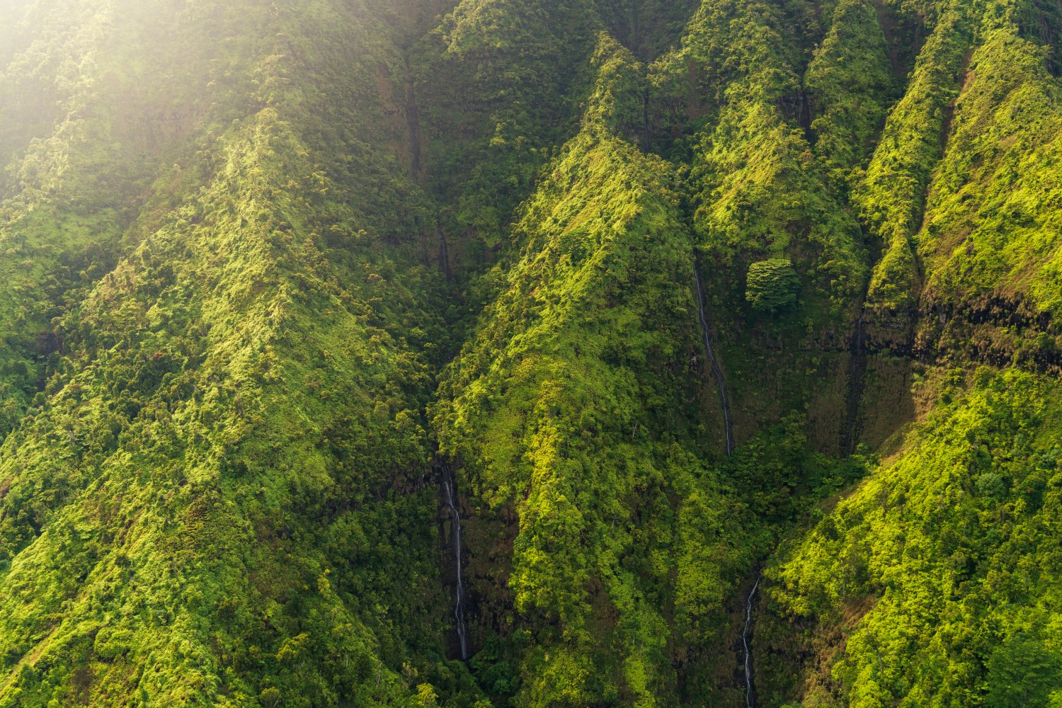 Aerial view of lush green mountains with narrow valleys and sunlight shining from the top left.